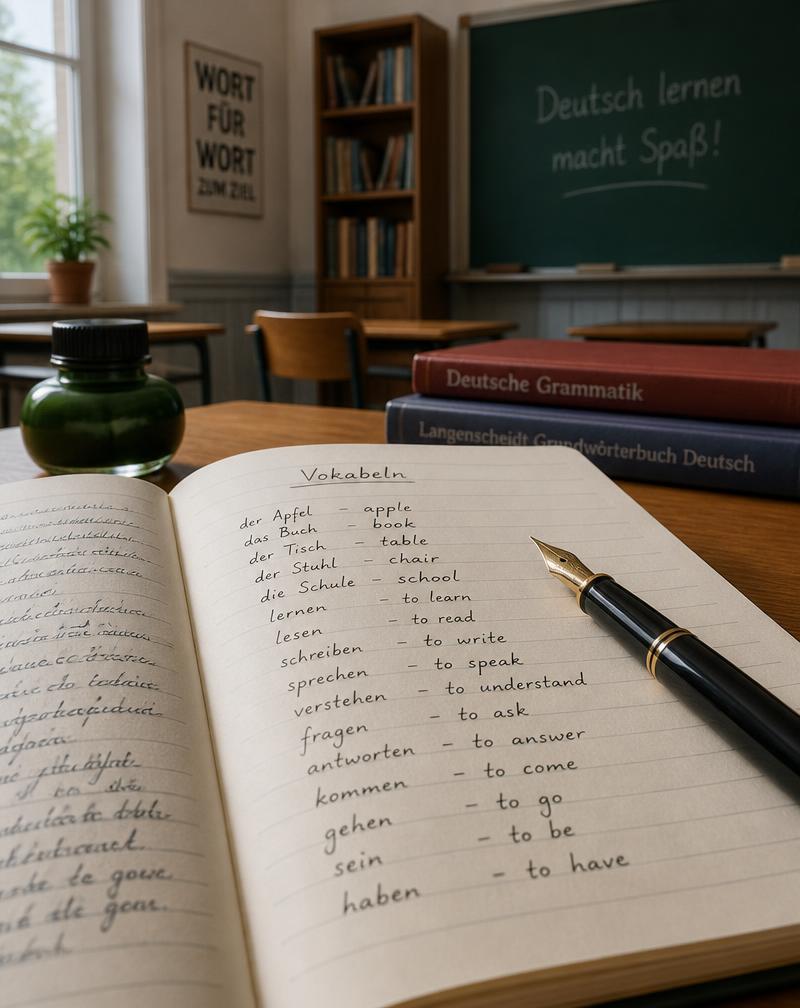 Open notebook with hand-written German vocabulary in a classroom